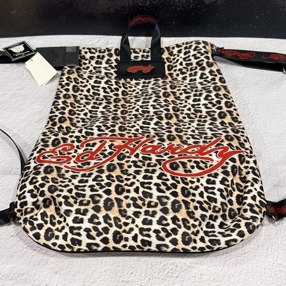 Ed Hardy Eternal Love Leopard Print Drawstring Back Pack Rhinestone Heart NWT